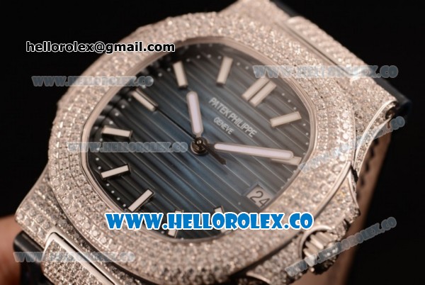 Patek Philippe Nautilus Miyota 9015 Automatic Steel Case Diamond Bezel with Blue Dial and Blue Leather Strap - Click Image to Close